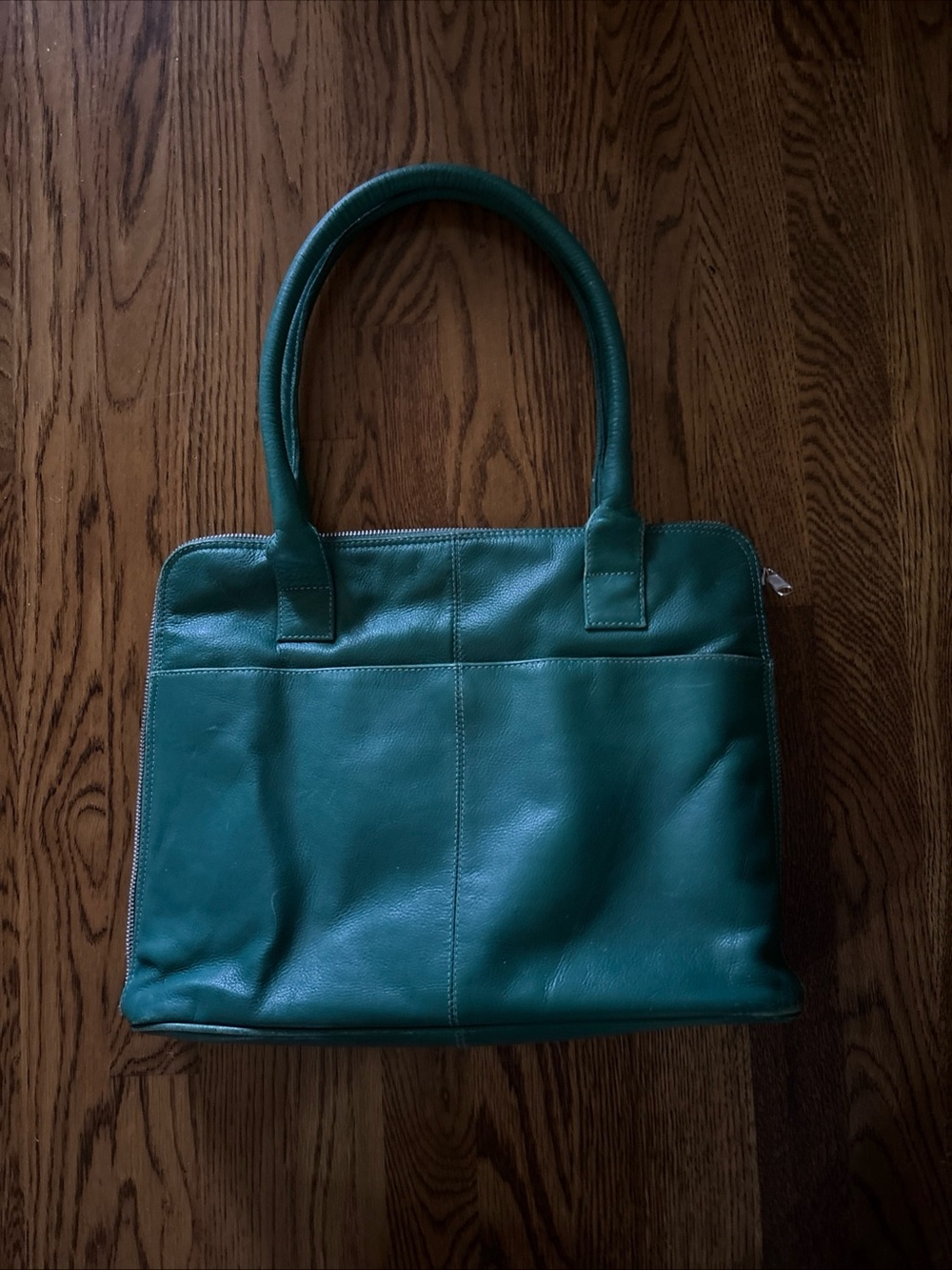 Teal Leather Shoulder Bag with Structured Handles